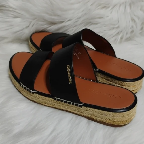 SALE! Coach Franca Black Leather Espadrilles Women's Sandals (#01) - Picture 16 of 16
